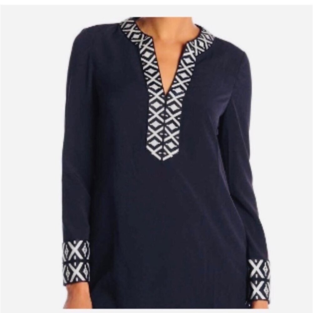Tory Burch Ariana Tunic V Neck Long Sleeve Blue 2